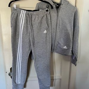 Adidas cotton terry set in Heather grey/white. Pant is small, hoodie is medium.